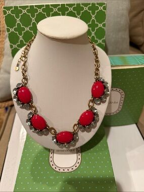 Stella & Dot Gold-Tone Necklace with Bright Red Cabochons and Clear Crystals